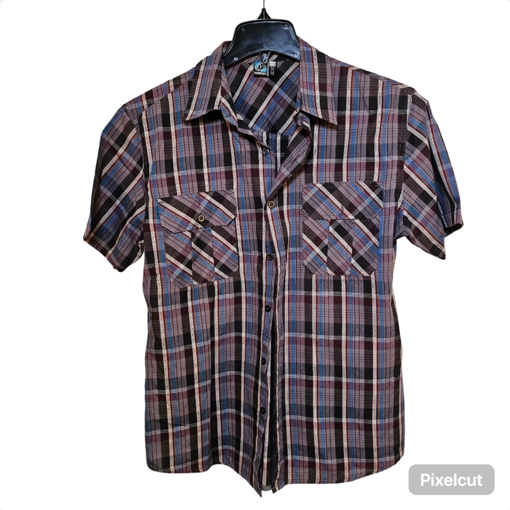 Burnside grey blue plaid men cotton blend short sleeve button down shirt size M